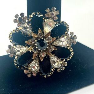 vintage black rhinestone floral brooch gold tone statement pin